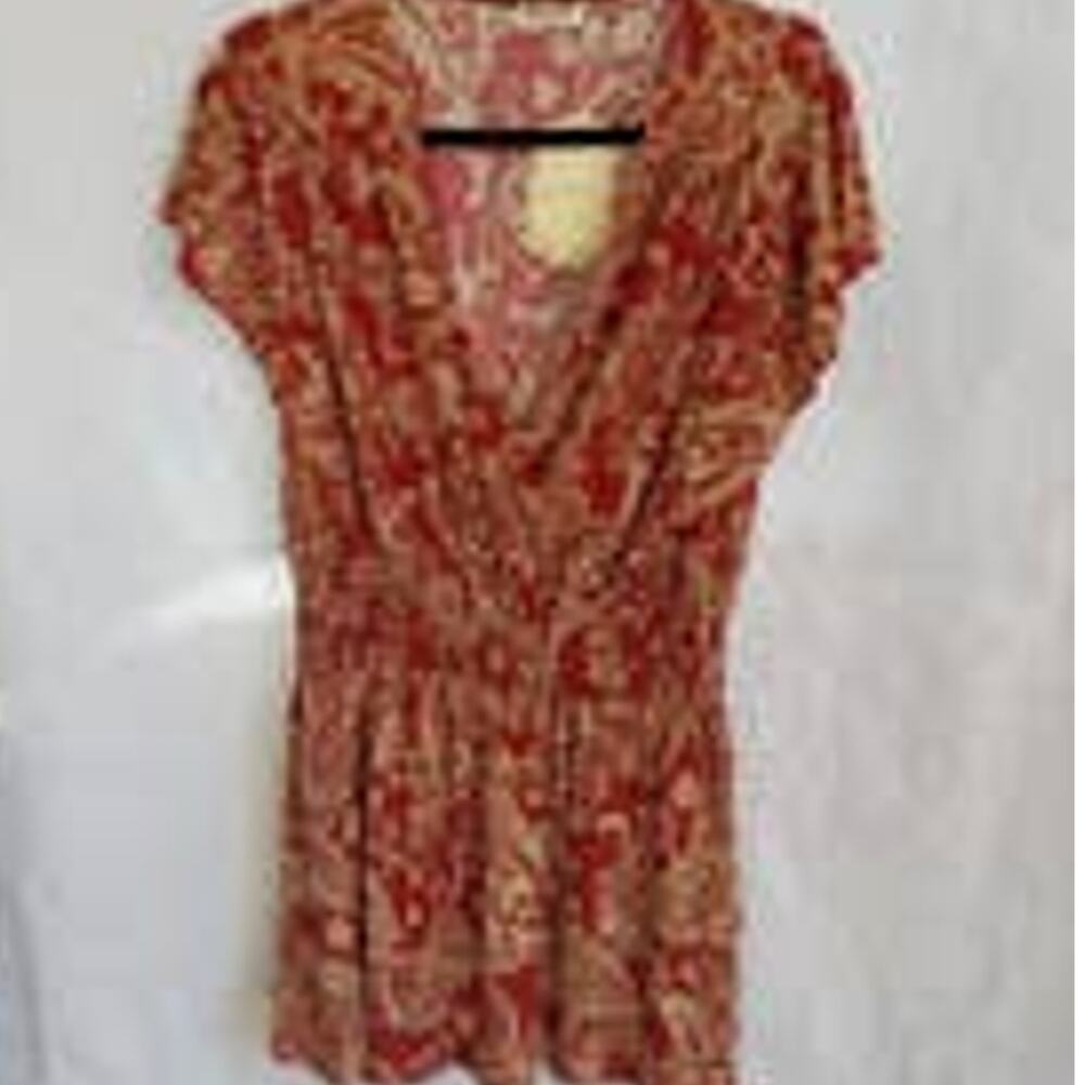 ACE Fashion Top Womens 2X Red V-Neck Pasley Cinched Stretch 1110